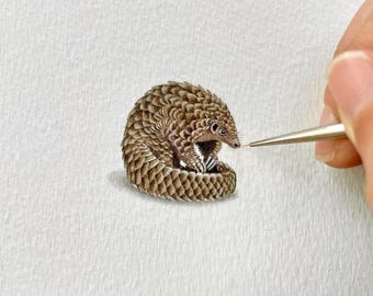 Original Watercolor Painting, Miniature Pangolin Wildlife Art, 4x4 Framed Nature Artwork