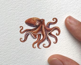 Original Octopus Watercolour Painting | Miniature Marine Wildlife Art (4x4 inches)