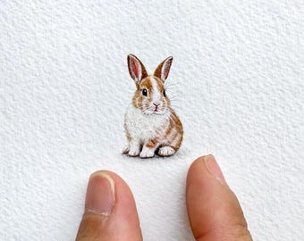Netherlands Dwarf Rabbit Miniature Watercolor Painting | Original Bunny Art (4x4 Inch Matted)