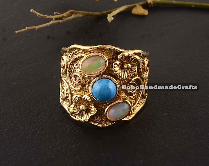 Brass Ring,Brass Band Ring,Ring For Her,Women Ring,Gift Ring,Unique Ring,Boho Ring Multistone Brass Ring,Moonstone Ring Turquoise Ring