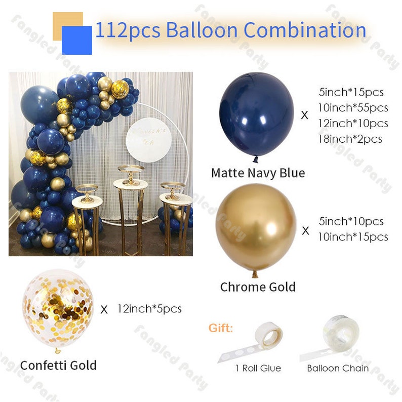 112pcs Matte Navy Blue Confetti Gold Chrome Balloon Garland Arch Kit Baby Shower Wedding Decoration Gender Reveal Birthday Party Supplies