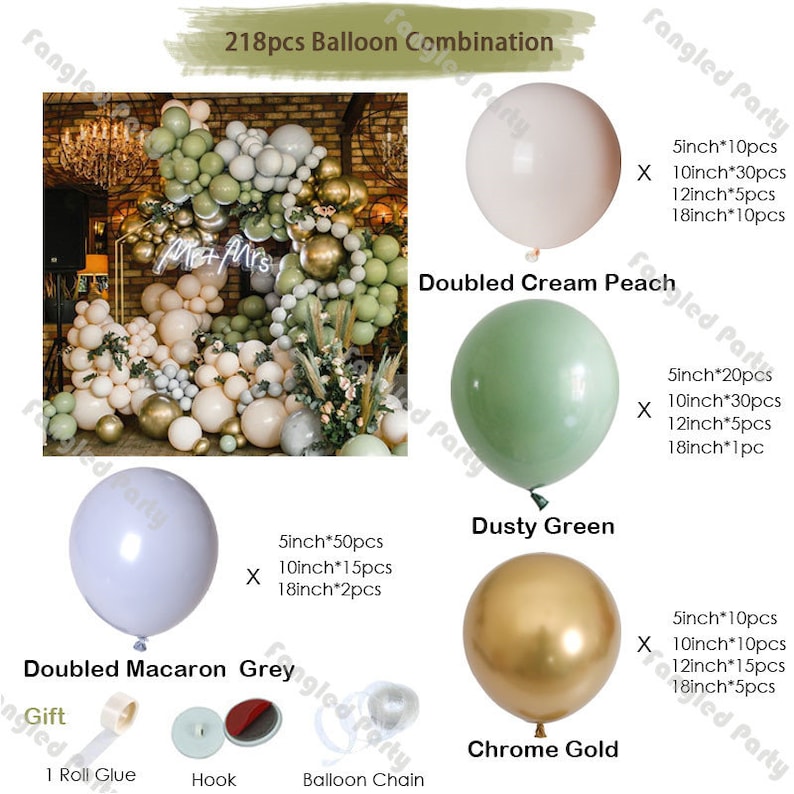 DIY 218pcs Balloon Garland Doubled Cream Peach Arch Kit Chrome Gold Baby Shower Green Balloons Birthday Anniversary Wedding Decor Supplies
