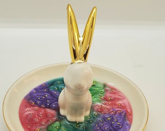 Easter Decor, Easter Gift, Rabbit Ring Holder, Bunny Ring Dish, Spring Decor, Gold Decor, Ring Tree, Glitter Decor, Bunny Decor