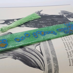 Perfectly Imperfect, Green Bookmark,  Handpainted Bookmark, Handmade Bookmark, Resin Bookmark, Bookmark with Tassel, Abstract Bookmark