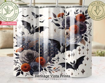 Gothic Bat and Flowers Tumbler Wrap, Halloween Sublimation Design (Digital Download)