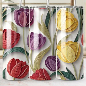 Emballage de verre tulipe, verre skinny PNG 20 oz, Sublimation florale printanière, emballage de verre fleur, téléchargement numérique | t00007