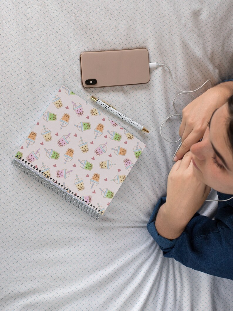 Boba Tea Notebook, Bubble Milk Tea Spiral Notebook, Kawaii Notebook