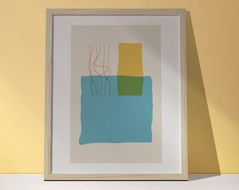 May include: A framed abstract art print with a light blue, green, and yellow geometric design. The print features a series of thin, red lines in the center.