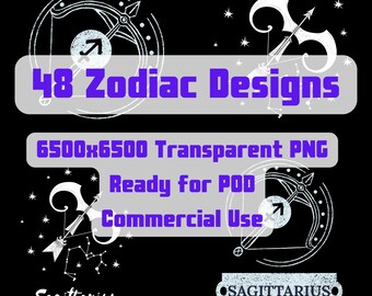 48 Zodiac Signs PNG Bundle, Astrology Clipart for POD, High Resolution 6500x6500px, Transparent PNG, Commercial Use