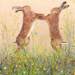 Dance of the Hares Giclee Print - Hare Wall Art, Wildlife illustration, British Nature Print, Anita Bowerman Artwork
