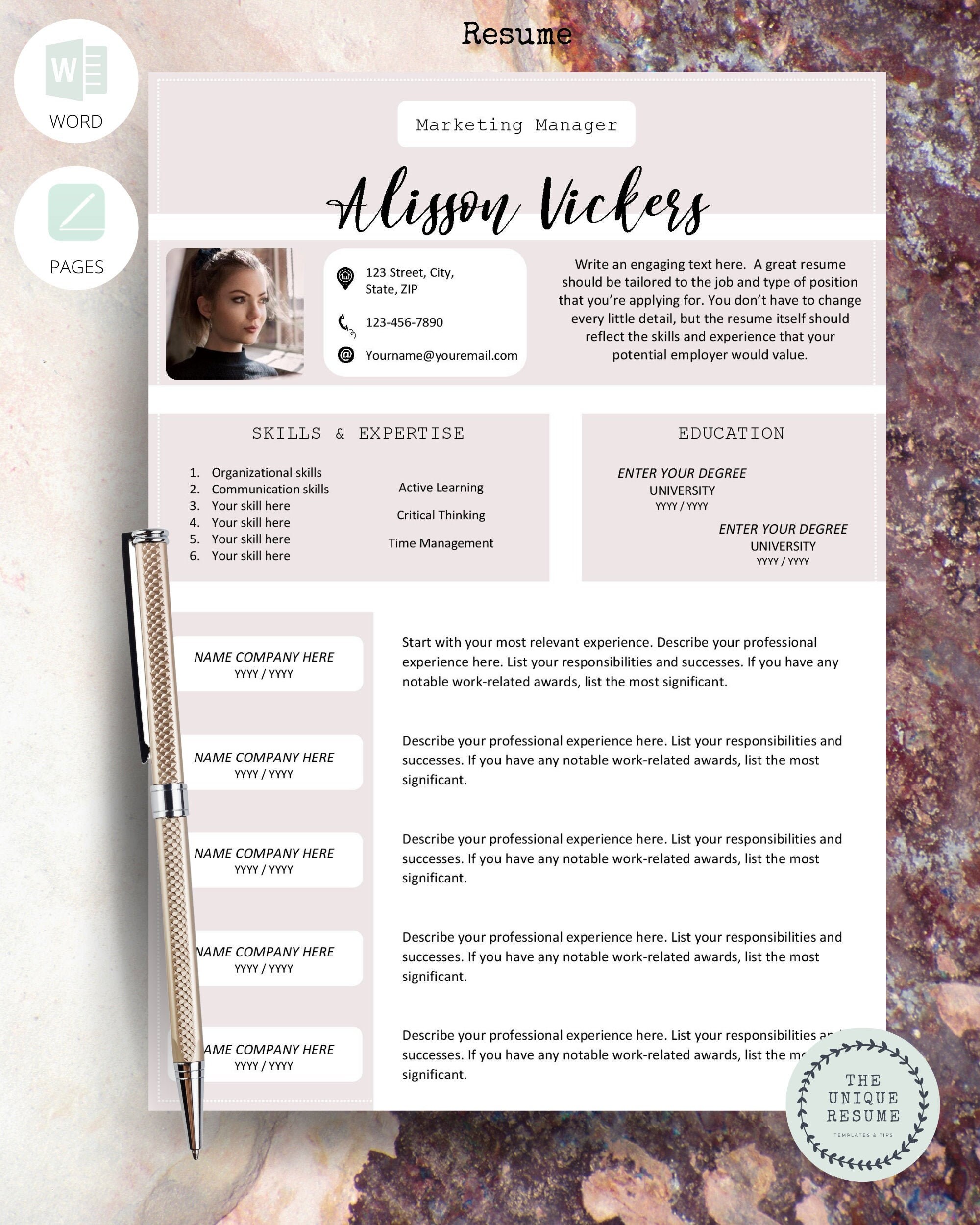Plantilla de CV rosa para Word, Páginas / CV creativo, Plantilla de CV ...