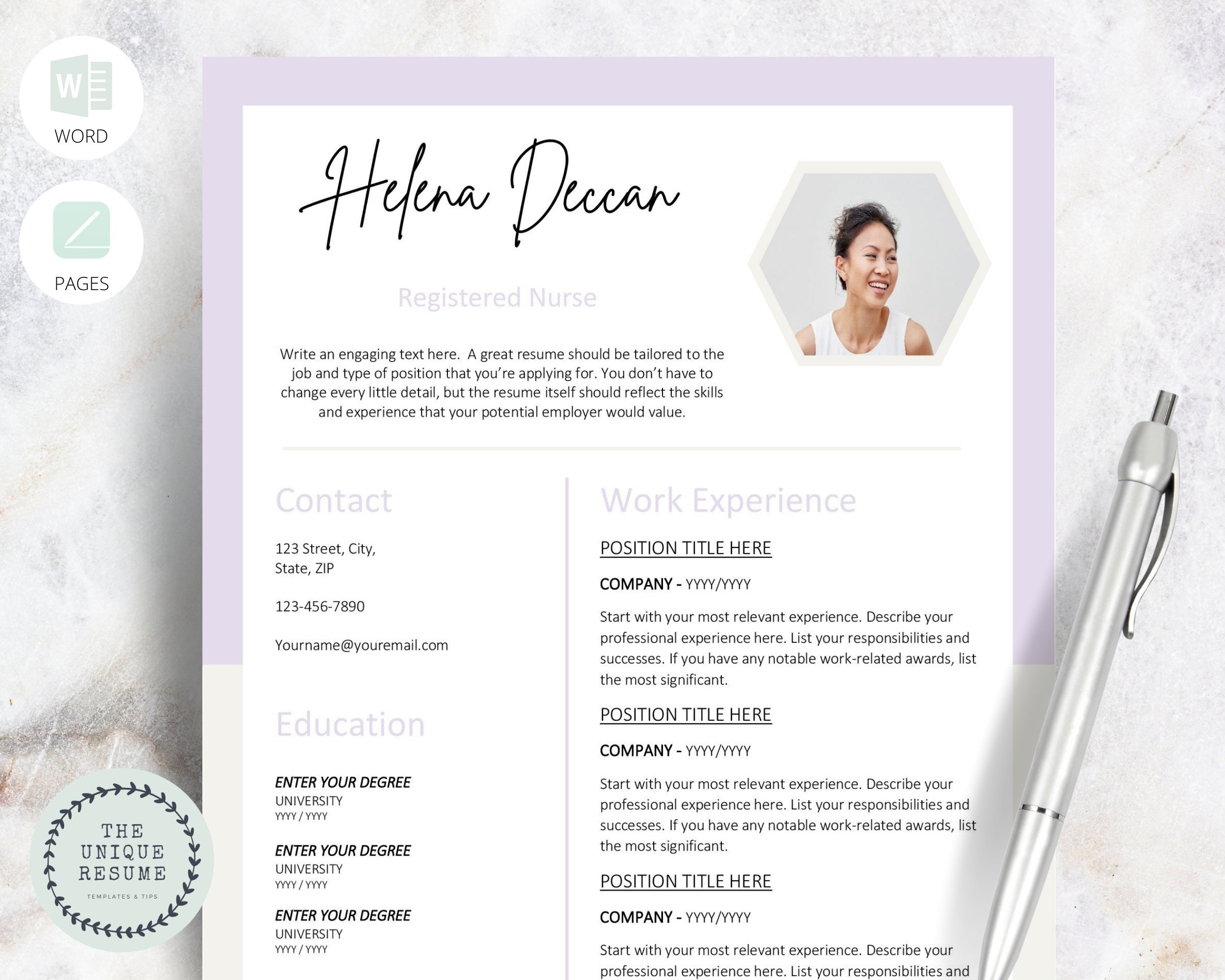 Geometric Resume Template for Word, Pages Violet and Beige CV Template ...