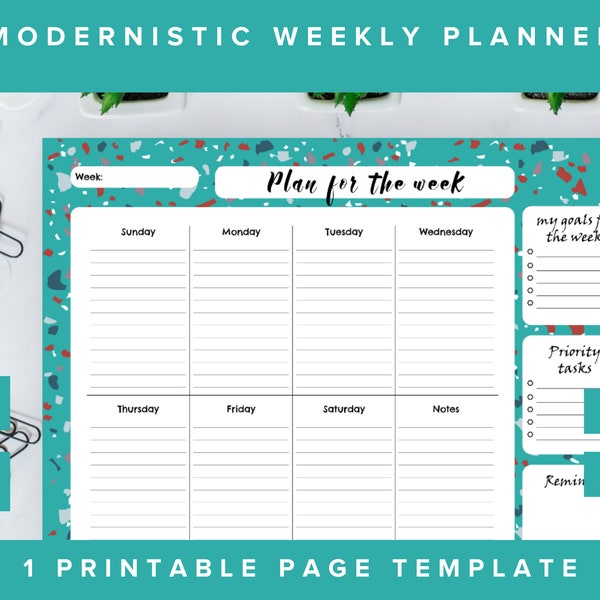Be Productive - Modernistic Weekly Planner - 8.5 x 11 Dimension - 1 Printable Page Template - Modern & Sleek Weekly Planner