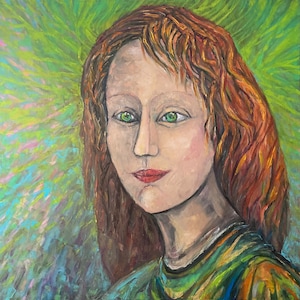 Portrait of a girl, young, mysterious, slightly smiling, vivid colors, predominance of green, large oil painting 90x90 cm, interior decoration