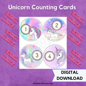 Unicorn Peg Counting// Number Counting Cards// Unicorn Number Cards// Math// Counting// Toddler Activity// Preschool// Kindergarten
