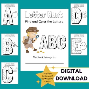Búsqueda de letras// Alfabeto// Reconocimiento de letras// Hojas de trabajo del alfabeto//Encontrar las letras/ Preescolar// Jardín de infantes// Descarga digital// Imprimible