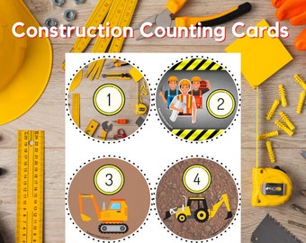 May include: Construction Counting Cards printable set with four illustrated circles. The circles feature a construction worker, a backhoe, a bulldozer, and a pile of tools. Each circle has a number from 1 to 4.