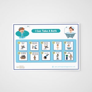 May include: A blue and white illustrated poster with the title "I Can Take A Bath". The poster shows a boy taking a bath with 10 steps illustrated in a grid.