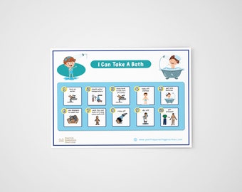 May include: A blue and white illustrated poster with the title "I Can Take A Bath". The poster shows a boy taking a bath with 10 steps illustrated in a grid.