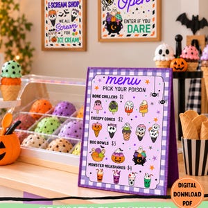Halloween-Eisdiele: Rollenspielvorlage zum Ausdrucken, Spielecke, Halloween-Aktivität für Vorschulkinder, Kinderrestaurant-Speisekarte