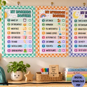 May include: Three rectangular routine charts with checkered borders in teal, orange, and purple. Each chart lists eight daily tasks with numbered circles, icons, and checkboxes. The text includes My Morning Routine, My Afternoon Routine, and My Evening Routine.
