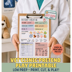 May include: A brown clipboard holding a patient check-in form for a veterinarian clinic. The form includes fields for pet name, owner name, age, height, weight, temperature, animal type, reason for visit, exam checklist, diagnosis, and treatment plan.