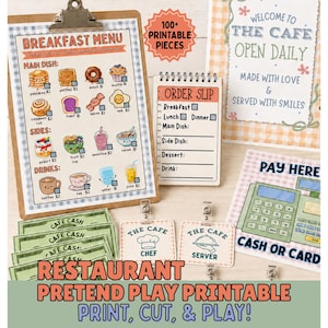 May include: A collection of printable restaurant pretend play pieces, including a breakfast menu, order slips, cafe cash, and signs. The menu features illustrated food items like pancakes, waffles, and donuts. The text "Restaurant Pretend Play Printable Print, Cut, & Play!" is displayed.