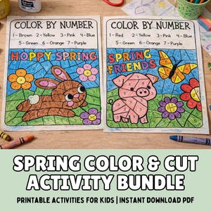 May include: Two "Color by Number" activity sheets featuring spring themes. One sheet has a brown bunny and the text "Hoppy Spring." The other sheet has a pink pig and a butterfly with the text "Spring Friends." The bottom text reads "Spring Color & Cut Activity Bundle."