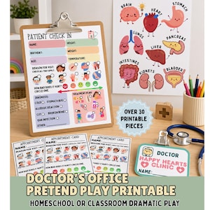 Puede incluir: Un conjunto de materiales imprimibles para juegos de rol de consultorio médico. Incluye un formulario de registro de pacientes con portapapeles, tarjetas de citas y un póster de órganos. El texto dice "Doctor's Office Pretend Play Printable" y "Over 30 Printable Pieces".