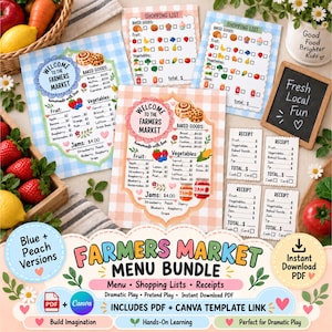 May include: A Farmers Market menu bundle featuring blue and peach checkered printable sheets, shopping lists, and receipts. The designs include illustrations of baked goods, fruits, and vegetables with text such as Welcome to the Farmers Market.