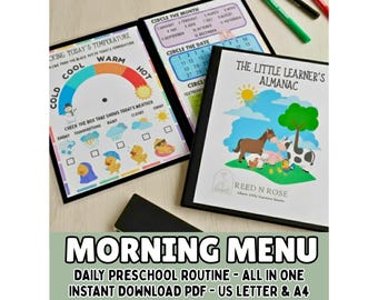 Voorschoolse ochtendmenu afdrukbaar, dagschema voor kinderen, kalender Weernummers Alfabet Homeschool