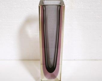 Murano Sommerso Faceted Glass Vase Violet Purple Smoky, Mandruzzato Style, Italy 1960s