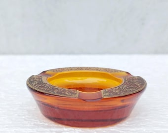 Cenicero pequeño Moser Karlsbad, serie Fipop, vidrio ámbar, Checoslovaquia 1920, firmado