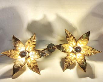 Vintage Willy Daro koperen wandlamp met bloemen voor Massive Belgium – jaren 1970