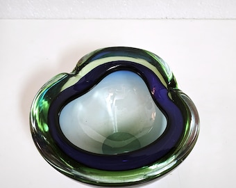 Murano Sommerso Glass Bowl Ashtray - Blue Green Biomorphic, Mid Century - Italy 1960s