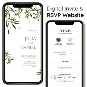 Digitale Hochzeitseinladung und RSVP – Mini-Hochzeits-Website – Olivenblatt – minimalistisch – personalisierte elektronische mobile Smartphone-Einladung
