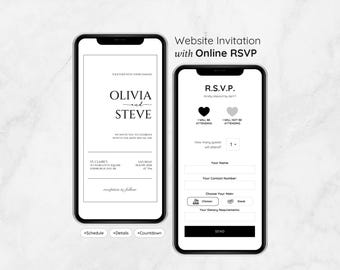 May include: Two smartphones displaying a wedding invitation and RSVP form. The invitation features the names "Olivia and Steve" in elegant script. The RSVP form includes fields for name, contact, and meal selection.