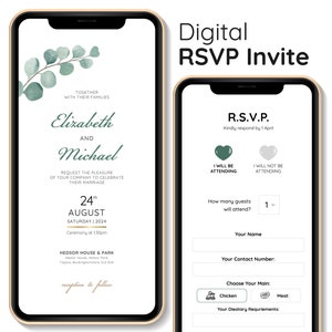 Digitale Hochzeitseinladung Mini-Hochzeitswebsite - Eucalyptus Online Personalisierte elektronische mobile Einladung Menüauswahloptionen