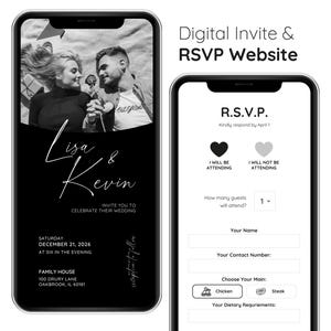 Digitale Hochzeitseinladung - Mini Hochzeitswebsite - Elegante Schrift - Minimalistisch - Personalisierte Mobile Invite Schwarz Weiß Foto