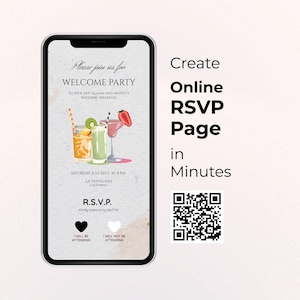 以下が含まれることがあります： スマートフォンには、カクテルのイラストが描かれた結婚式のウェルカムパーティーの招待状が表示されています。招待状には、イベントの詳細、RSVPオプション、および「Create Online RSVP Page in Minutes」というテキストが含まれています。