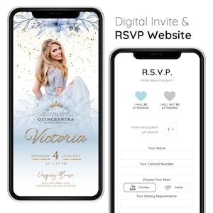 Invito digitale per la Quinceañera con RSVP - Mini sito web per matrimonio - Foto Baby Blue - Invito elettronico mobile personalizzato online per la Quinceañera