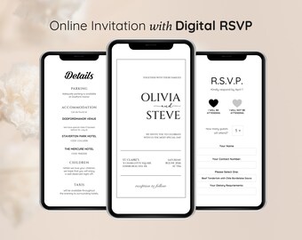 May include: Three smartphones displaying a wedding invitation and RSVP form. The invitation features the names "Olivia and Steve" with event details. The RSVP form includes fields for guest count, name, and contact information. The overall design is minimalist with a neutral color palette.