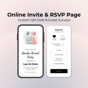 以下が含まれることがあります： 2つのスマートフォンには、性別発表パーティーのオンライン招待状とRSVPページが表示されています。招待状には青とピンクの風船、「BOY GIRL」の文字、イベントの詳細が記載されています。 RSVPフォームには、名前、連絡先、食事のニーズを入力するフィールドが含まれています。