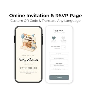 Op de afbeelding: Een smartphone toont een uitnodiging voor een babyshower met een teddybeer, cadeaus en een fles. De tekst luidt "Baby Shower" en "Katie Miller". De RSVP-pagina bevat opties om te reageren en in te dienen.