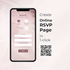 以下が含まれることがあります： スマートフォンには、名前、連絡先、食事の要件を入力するオンライン RSVP ページが表示されています。「1 クリックでオンライン RSVP ページを作成」というテキストと QR コードが表示されています。 出席オプションが含まれています。