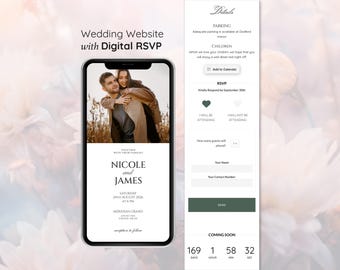 Puede incluir: Un teléfono inteligente muestra un sitio web de bodas con funciones de RSVP digital. La pantalla muestra una foto de una pareja, detalles de la boda y opciones de RSVP. El texto en la pantalla dice "Nicole y James" y "Sábado 24 de agosto de 2026".