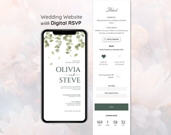Può includere: Uno smartphone mostra un sito web di matrimonio con il testo "Wedding Website with Digital RSVP". Il sito web presenta i nomi "Olivia e Steve" e i dettagli RSVP. Il design include accenti di fogliame verde.
