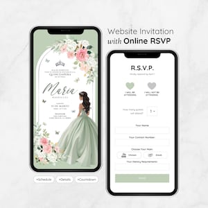 Sage Green Quinceañera Digital Invitation with RSVP Website