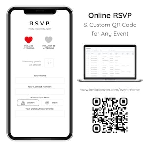 May include: A mobile phone screen displaying an RSVP form with options to indicate attendance, enter guest count, name, contact number, meal choice, and dietary requirements. The form includes the text "R.S.V.P. Kindly respond by April 1". A QR code is shown next to the phone, with the text "www.invitationzon.com/event-name" below it.