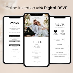 Puede incluir: Tres smartphones que muestran una invitación de boda con opciones de respuesta digital. La invitación incluye detalles, una foto de la pareja y un formulario de respuesta. El fondo es beige suave.